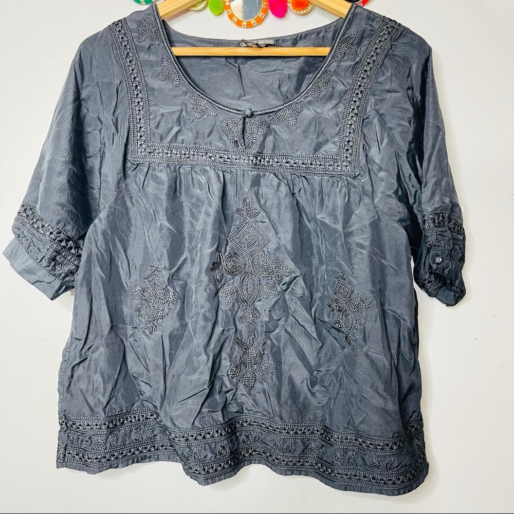 LUCKY BRAND vintage Black Embroidered silk blend Peasant boho Top